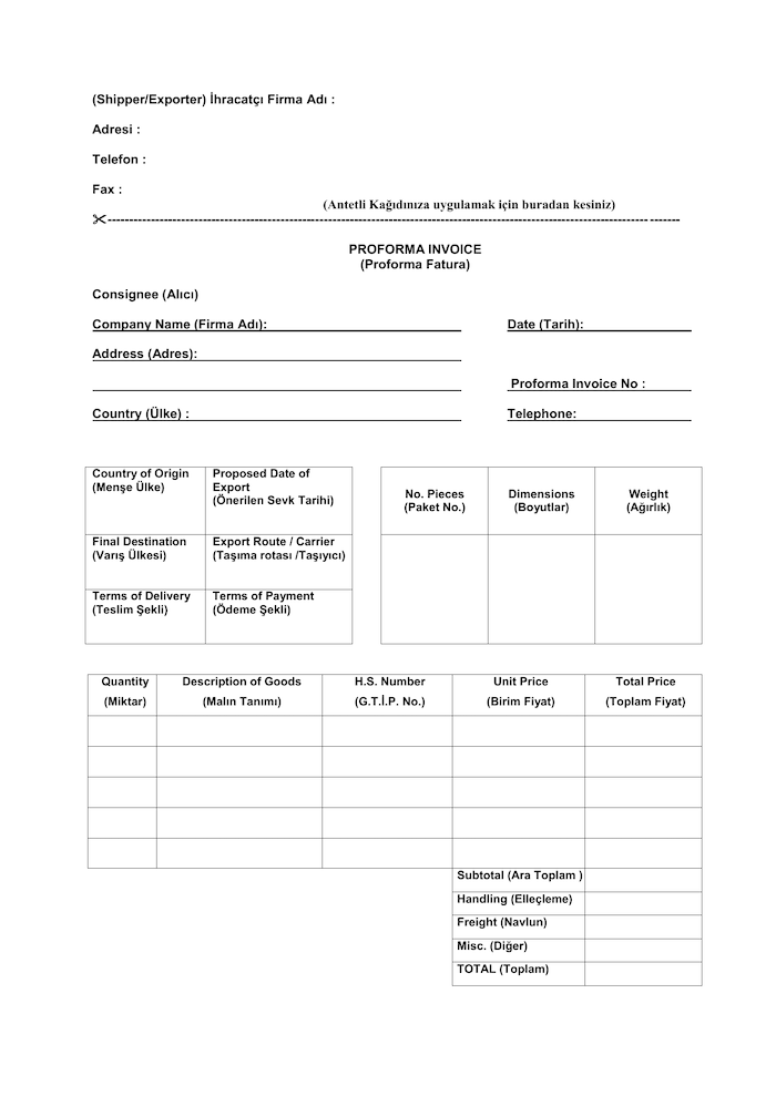 Proforma İngilizce Fatura Örneği